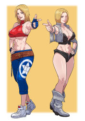 Rule 34 | 2girls, absurdres, baggy pants, blonde hair, blue mary, blue mary (cosplay), boots, booty shorts, breasts, cirenk, cosplay, costume switch, cowboy boots, crop top, dead or alive, fatal fury, finger gun, fingerless gloves, gloves, highres, leather, looking at viewer, multiple girls, navel, open clothes, open vest, pants, short hair, short shorts, shorts, sideboob, snk, straight hair, strapless, strapless top, the king of fighters, tina armstrong, tina armstrong (cosplay), underboob, vest, wrestling, wrestling outfit