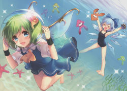 Rule 34 | &gt; &lt;, 2girls, :d, absurdres, arms up, barefoot, blue dress, blue eyes, blue hair, blush, bubble, cirno, closed eyes, crease, daiyousei, dress, fairy wings, full body, green hair, hair ornament, hair ribbon, highres, huge filesize, ice, ice wings, inkling, inkling player character, looking at viewer, masaru.jp, multiple girls, nintendo, one-piece swimsuit, open mouth, puffy sleeves, ribbon, scan, scan artifacts, short hair, short sleeves, side ponytail, smile, sparkle, splatoon (series), splatoon 1, squid, starfish, swimsuit, touhou, underwater, water, wings, wrist cuffs
