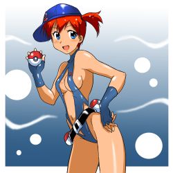Rule 34 | 1girl, belt, blue eyes, breasts, cleavage, creatures (company), game freak, gloves, gym leader, hat, highres, holding, holding poke ball, misty (pokemon), navel, nintendo, poke ball, poke ball (basic), pokemon, pokemon: the electric tale of pikachu, ponytail, red hair, side ponytail, slingshot swimsuit, small breasts, smile, solo, swimsuit, takaya n, waist poke ball