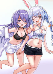 Rule 34 | 2girls, absurdres, alternate costume, animal ear fluff, animal ears, belt, bikini, bikini top only, black bikini, black choker, blouse, blue eyes, blue hair, braid, breasts, brown hair, carrot, casual, choker, cleavage, cleavage cutout, clothing cutout, collarbone, contrapposto, drop earrings, earrings, gradient background, gradient eyes, halterneck, hand on another&#039;s arm, highres, hololive, hololive fantasy, hololive indonesia, hoop earrings, jewelry, large breasts, laughing, leaning forward, locked arms, long hair, looking at viewer, midriff, moona hoshinova, multicolored eyes, multicolored hair, multiple girls, navel, nootomo, off-shoulder jacket, off shoulder, one eye closed, open mouth, rabbit ears, shirt, shorts, sidelocks, small breasts, starry hair, swimsuit, twin braids, twintails, two-tone hair, usada pekora, very long hair, virtual youtuber, white shirt, yellow eyes