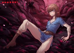 Rule 34 | 1boy, arm support, arsh (thestarwish), belt, blue eyes, blue shirt, boots, brown belt, brown footwear, brown hair, brown pants, clenched teeth, collarbone, commentary request, energy, heart, highres, knee up, layered sleeves, link, long sleeves, looking at viewer, lying, male focus, nintendo, pants, pointy ears, ponytail, shirt, short over long sleeves, short sleeves, solo, teeth, the legend of zelda, the legend of zelda: breath of the wild, torn clothes, torn shirt, tunic