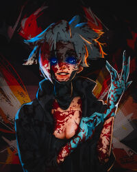 Rule 34 | 1girl, adjusting clothes, adjusting gloves, black jacket, black shirt, blonde hair, blood, blood in hair, blood on arm, blood on body, blood on chest, blood on clothes, blood on face, blood on gloves, blue eyes, gloves, glowing, glowing eyes, hair up, hand up, highres, horror (theme), jacket, light smile, looking ahead, looking at viewer, medium hair, mercy (overwatch), open clothes, open jacket, open mouth, overwatch, shirt, solo, teeth, titanartx, too much blood, upper body