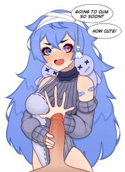 Rule 34 | 1boy, 1girl, bandaid, bandaid on shoulder, blue eyes, blue hair, blush, breasts, detached sleeves, english text, erection, fang, fiera, glansjob, handjob, hetero, heterochromia, highres, long hair, long sleeves, looking at viewer, medium breasts, open mouth, original, penis, pov, purple eyes, second-party source, simple background, solo focus, speech bubble, two-handed handjob, uncensored, very long hair, white background