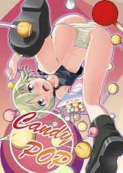 Rule 34 | 1girl, :d, ass, bad id, bad pixiv id, bare shoulders, blonde hair, blue eyes, boots, candy, erica hartmann, food, hi-ho-, lollipop, navel, open mouth, panties, panty pull, short hair, smile, solo, strike witches, tank top, underwear, underwear only, white panties, world witches series