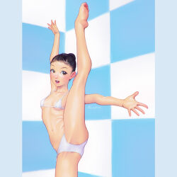 Rule 34 | 1girl, arm up, artist name, barefoot, bikini, black eyes, black hair, breasts, checkered background, commentary request, cowboy shot, fumichika mori, hair bun, hair pulled back, halterneck, kotani kana, leg up, looking at viewer, navel, open mouth, original, outstretched arms, partial commentary, short hair, side-tie bikini bottom, signature, small breasts, smile, solo, split, spread arms, standing, standing on one leg, standing split, swimsuit, white bikini