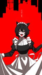 Rule 34 | 1girl, animal ears, apron, back ribbon, black dress, black eyes, building, cat ears, chikyuu no ura (cevio), clothes lift, dress, dress lift, facing viewer, fangs, hanabukuro, highres, iyowa girls, looking at viewer, maid, maid apron, maid headdress, no pupils, open mouth, power lines, red background, ribbon, short hair, solo, teeth, tongue, tongue out, translation request, upper teeth only, ura (iyowa), white ribbon