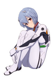 Rule 34 | 1girl, armpits, ayanami rei, blue hair, expressionless, from side, full body, hair between eyes, head tilt, highres, hugging own legs, interface headset, invisible chair, knees to chest, looking at viewer, neon genesis evangelion, own hands together, parted bangs, plugsuit, red eyes, short hair, simple background, sitting, solo, white background, yahiro (epicopeiidae)