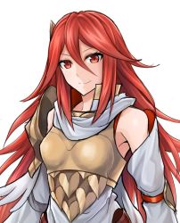Rule 34 | 1girl, armor, breastplate, closed mouth, cordelia (fire emblem), fire emblem, fire emblem awakening, fire emblem heroes, long hair, nintendo, red eyes, red hair, simple background, smile, solo, ten (tenchan man), upper body, white background