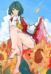 Rule 34 | 1girl, ascot, bad id, bad pixiv id, barefoot, blush, clothes lift, cloud, crossed legs, feet, female focus, flower, foot focus, foreshortening, from below, green hair, head rest, impossible clothes, kazami yuuka, legs, looking at viewer, plaid, plaid skirt, plaid vest, red eyes, short hair, sitting, skirt, skirt lift, skirt set, sky, smile, soles, solo, ss0813, sunflower, toes, touhou, vest
