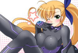 Rule 34 | 00s, 1girl, blonde hair, blush, bodysuit, breasts, covered erect nipples, green eyes, large breasts, legs, long hair, lyrical nanoha, mahou shoujo lyrical nanoha, mahou shoujo lyrical nanoha strikers, narutaki shin, aged up, one eye closed, ponytail, side ponytail, solo, thighs, vivio, wink