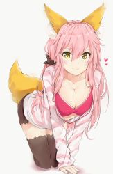 Rule 34 | 10s, 1girl, all fours, animal ear fluff, animal ears, black thighhighs, breasts, cleavage, collarbone, fang, fang out, fate/extella, fate/extra, fate (series), fox ears, fox tail, hair between eyes, heart, highres, long hair, looking at viewer, medium breasts, official alternate costume, pink background, pink hair, silver (chenwen), simple background, smile, solo, tail, tamamo (fate), tamamo no mae (fate/extra), tamamo no mae (spring casual) (fate), thighhighs, yellow eyes