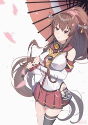 Rule 34 | 10s, 1girl, black thighhighs, breasts, brown hair, cherry blossoms, covered navel, cowboy shot, detached sleeves, flower, hair flower, hair ornament, headgear, holding, kantai collection, large breasts, light smile, long hair, miniskirt, oil-paper umbrella, pleated skirt, ponytail, purple eyes, simple background, single thighhigh, skirt, solo, thighhighs, umbrella, very long hair, white background, yamato (kancolle), you06