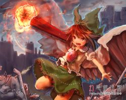 Rule 34 | 1girl, arm cannon, bad id, bad pixiv id, bow, brown hair, cloud, energy ball, fire, fire, hair bow, highres, hutaba123, industrial pipe, long hair, open mouth, red eyes, reiuji utsuho, skirt, skyline, smile, solo, third eye, touhou, weapon, wings