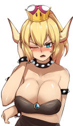 Rule 34 | 1girl, absurdres, arm under breasts, armlet, bare shoulders, black dress, blonde hair, blue eyes, blush, bowsette, bracelet, breasts, cleavage, collar, collarbone, crown, dress, fang, gem, hand on own face, highres, horns, jewelry, large breasts, long hair, looking at viewer, mario (series), new super mario bros. u deluxe, nintendo, nose blush, one eye closed, open mouth, ponytail, simple background, spiked bracelet, spiked collar, spikes, strapless, strapless dress, super crown, textless version, white background, z666ful