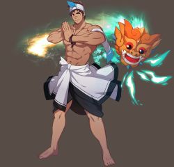 Rule 34 | 1boy, abs, armband, bara, bracelet, brown hair, clothes around waist, fire, full service (mazjojo), gyee, headband, highres, jacket, jacket around waist, jewelry, looking at viewer, male focus, manly, mask, mazjojo, muscular, muscular male, necklace, official art, okan ardana, pectorals, scar, scar on chest, scar on face, scar on nose, short hair, skirt, smile, solo, spiked hair, transparent background, yellow eyes