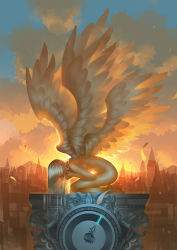 Rule 34 | 1girl, angel, blunt bangs, city, cityscape, clock, clock tower, cloud, cloudy sky, covering own mouth, crying, feathers, highres, kneeling, long hair, madcocoon, multiple wings, nude, original, roman numeral, sky, solo, sunset, tower, white hair, wings