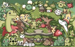Rule 34 | bellossom, budew, bulbasaur, cacnea, celebi, cherubi, chikorita, cloud, cottonee, creature, creatures (company), deerling, deerling (summer), exeggcute, exeggutor, fangs, flower, game freak, gen 1 pokemon, gen 2 pokemon, gen 3 pokemon, gen 4 pokemon, gen 5 pokemon, gradient background, grass, green eyes, green theme, grin, hair ornament, hoppip, horns, ivysaur, jumpluff, leaf hair ornament, leafeon, legendary pokemon, looking at another, looking at viewer, meganium, mythical pokemon, nintendo, no humans, oddish, open mouth, pansage, paul robertson, petilil, pixel art, pokemon, pokemon (creature), red eyes, seedot, serperior, shaymin, shaymin (land), shroomish, single horn, sitting, skiploom, smile, stacking, standing, sunkern, swadloon, torterra, tree, treecko, turtwig, weepinbell