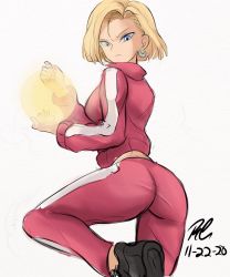 Rule 34 | 1girl, android 18, aqua eyes, ass, black footwear, blonde hair, dated, dragon ball, dragon ball super, earrings, highres, jacket, jewelry, long sleeves, looking at viewer, pants, pink jacket, pink pants, rakeemspoon, shoes, short hair, signature, simple background, solo, thighs, track suit, white background