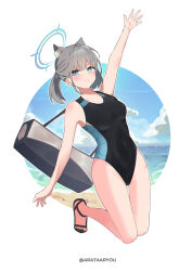 Rule 34 | 1girl, absurdres, animal ear fluff, animal ears, arata ryou, bag, black one-piece swimsuit, blue archive, blue eyes, blue sky, breasts, cloud, competition swimsuit, covered navel, cross hair ornament, extra ears, full body, grey hair, hair ornament, halo, highres, horizon, low ponytail, medium breasts, medium hair, mismatched pupils, multicolored clothes, multicolored swimsuit, ocean, official alternate costume, one-piece swimsuit, sandals, shiroko (blue archive), shiroko (swimsuit) (blue archive), sky, smile, solo, swimsuit, wolf ears