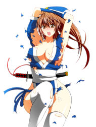 Rule 34 | 1girl, armpits, arms behind head, arms up, blush, breasts, brown eyes, brown hair, cleavage, dead or alive, kasumi (doa), kettsu, large breasts, long hair, looking at viewer, open mouth, sheath, sheathed, simple background, solo, sword, thighhighs, torn clothes, weapon, white background, white thighhighs