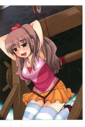 Rule 34 | 1girl, armpits, arms behind head, arms up, bdsm, blush, bondage, bound, breasts, brown eyes, brown hair, cheerleader, fujishima-sei ichi-gou, hair ribbon, highres, kneeling, long hair, medium breasts, miniskirt, open mouth, ponytail, pulley, ribbon, rope, skirt, smile, solo, striped clothes, striped thighhighs, thighhighs, zettai ryouiki