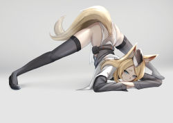 Rule 34 | 1girl, animal ears, arknights, black hat, black thighhighs, blonde hair, blue eyes, closed mouth, commentary, english commentary, full body, grey background, has bad revision, has cropped revision, hat, highres, horse ears, horse girl, horse tail, jack-o&#039; challenge, krirk, long hair, long sleeves, looking at viewer, md5 mismatch, meme, resolution mismatch, smile, solo, source smaller, tail, thighhighs, top-down bottom-up, whislash (arknights)