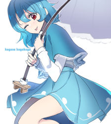 Rule 34 | bad id, bad pixiv id, blue hair, blue skirt, capelet, character name, chromatic aberration, hair between eyes, holding, holding umbrella, karakasa obake, legs up, long sleeves, looking to the side, one eye closed, peach camellia, red eyes, shirt, short hair, simple background, sketch, skirt, solo, tatara kogasa, thighs, tongue, tongue out, touhou, umbrella, white background, white shirt