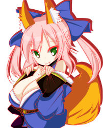 Rule 34 | 10s, 1girl, animal ears, bad id, bad pixiv id, bare shoulders, breasts, cleavage, collar, detached sleeves, fang, fate/extra, fate/extra ccc, fate (series), fox ears, fox tail, green eyes, hair ribbon, huge breasts, japanese clothes, looking at viewer, pink hair, ribbon, simple background, solo, tail, tamamo (fate), tamamo no mae (fate/extra), twintails, white background