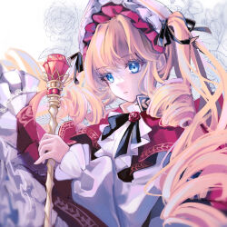 Rule 34 | 1girl, ascot, black bow, black bowtie, blonde hair, blue eyes, bow, bowtie, cane, commentary request, dress, drill hair, drill sidelocks, expressionless, flower, frilled sleeves, frills, gem, highres, holding, holding cane, lolita fashion, long hair, long sleeves, looking at viewer, parted lips, quad drills, red dress, red flower, red gemstone, red rose, rose, rozen maiden, shinku, shirt, sidelocks, solo, twintails, upper body, very long hair, white ascot, white shirt, yukari (957764483)