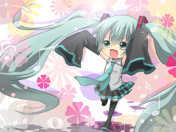 Rule 34 | 1girl, aqua eyes, aqua hair, chibi, detached sleeves, female focus, full body, hatsune miku, long hair, musical note, necktie, open mouth, oversized clothes, skirt, smile, solo, thighhighs, tsujiori, twintails, very long hair, vocaloid