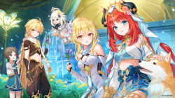 Rule 34 | absurdres, aether (genshin impact), blonde hair, braid, braided ponytail, breasts, detached sleeves, dress, fake horns, feather hair ornament, feathers, flower, genshin impact, hair between eyes, hair flower, hair ornament, highres, horns, jewelry, long hair, long sleeves, looking at viewer, lumine (genshin impact), medium breasts, nilou (genshin impact), official art, paimon (genshin impact), red hair, scarf, short hair with long locks, sidelocks, single braid, smile, twintails, veil, white dress, white flower, white scarf, yellow eyes
