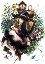 Rule 34 | 1girl, akitani kou, ankle boots, belt, bird, blonde hair, book, boots, bracelet, bug, butterfly, capelet, clock, dove, closed eyes, fish, flower, food, from side, fruit, full body, gears, globe, hat, highres, holding, holding smoking pipe, insect, jewelry, long hair, necklace, original, painting (object), pantyhose, plant, profile, quill, roman numeral, skirt, skull, smoking pipe, solo, staff, teardrop, telescope, test tube, white background, white pantyhose, witch, witch hat