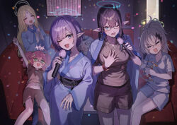 6+girls absurdres alternate_costume aoi_(blue_archive) ayumu_(blue_archive) black_hair blonde_hair blue_archive blue_eyes blue_halo blunt_bangs blush breasts character_request clapping closed_eyes colored_inner_hair commentary_request couch cymbals drooling earrings facial_mark fire_alarm forehead_mark glasses green_eyes green_halo grey-framed_eyewear hair_behind_ear halo hand_on_own_chest highres holding holding_microphone horns instrument japanese_clothes jewelry karaoke kimono kokukyukeo large_breasts long_hair lying microphone mole mole_under_eye momoka_(blue_archive) multicolored_hair multiple_girls music navel obi on_back one_eye_closed open_mouth parted_bangs pink_hair pink_halo pointy_ears ponytail purple_eyes purple_hair rin_(blue_archive) sash semi-rimless_eyewear shirt short_twintails shorts singing sitting sleeping standing t-shirt twintails watch white_hair