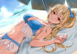 Rule 34 | 1girl, alternate costume, beach, bikini, blonde hair, blue bikini, blue bow, blush, bow, breasts, cleavage, commentary request, dark-skinned female, dark elf, dark skin, day, elf, frilled bikini, frills, from side, hair bow, hand up, high ponytail, highres, hololive, large breasts, long hair, looking at viewer, lying, monokawa (iurl1z), multicolored hair, navel, ocean, on back, pointy ears, red eyes, shiranui flare, sidelocks, smile, solo, streaked hair, swimsuit, under umbrella, virtual youtuber, white hair