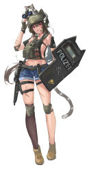 Rule 34 | 1girl, absurdres, animal, animal on head, armband, ballistic shield, bare shoulders, binoculars, breasts, brown footwear, brown hair, brown thighhighs, bulletproof vest, cat, cat girl, cat on head, cat tail, denim, denim shorts, elbow pads, fingerless gloves, full body, gloves, gun, hair between eyes, helmet, highres, holding, holding shield, knee pads, long hair, looking at viewer, medium breasts, microphone, midriff, navel, no shirt, on head, original, police, red eyes, riot shield, sawkm, scar, scar on leg, shield, short shorts, shorts, sideboob, simple background, single thighhigh, sketch, solo, standing, submachine gun, sweat, tail, thigh strap, thighhighs, thighs, tongue, tongue out, watch, weapon, white background, wristwatch