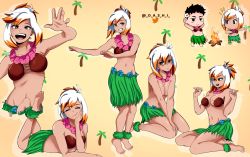 Rule 34 | 1boy, 1girl, absurdres, barefoot, blue flower, breasts, campfire, cleavage, coconut bra, dashi (dashiart), fire, flower, flower necklace, grass skirt, highres, hula, jewelry, lei, liz (dashi), looking at viewer, medium breasts, mole, mole under eye, multicolored hair, multiple views, navel, necklace, open mouth, orange hair, original, palm tree, pink flower, smile, topless, tree, twitter username, two-tone hair, white hair