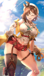 Rule 34 | 1girl, absurdres, atelier (series), atelier ryza, atelier ryza 2, backlighting, bare shoulders, beret, black ribbon, blue sky, blush, braid, breasts, brown eyes, brown gloves, brown hair, cleavage, collarbone, earrings, gloves, hat, highres, jacket, jewelry, key, large breasts, leather, leather gloves, looking at viewer, navel, necklace, nez-box, one eye closed, open mouth, pouch, red shorts, reisalin stout, ribbon, short hair, short shorts, shorts, side braid, skindentation, sky, sleeveless, sleeveless jacket, smile, star (symbol), star necklace, sunlight, thick thighs, thigh pouch, thigh strap, thighs, white hat, yellow jacket
