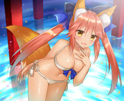 Rule 34 | 1girl, :d, animal ears, bikini, black bow, blue bow, blush, bow, breasts, brown eyes, cleavage, collarbone, cowboy shot, fate/grand order, fate (series), female focus, fox ears, hair between eyes, large breasts, leaning forward, light particles, long hair, looking at viewer, naomi (fantasia), open mouth, pink hair, reflection, ribbon, side-tie bikini bottom, sidelocks, signature, smile, solo, standing, swimsuit, tamamo (fate), tamamo no mae (fate/extra), tamamo no mae (swimsuit lancer) (fate), tassel, thighs, tsurime, twintails, water, white bikini, white ribbon