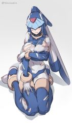 Rule 34 | 1girl, alternate breast size, armor, blue eyes, blush, breasts, highres, huanxiang huifeng, large breasts, fairy leviathan (mega man), mega man (series), mega man zero (series), robot, robot girl, thighhighs, torn clothes