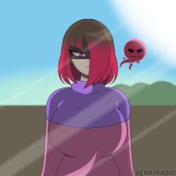 Rule 34 | akumu (glitchtale), bete noire, breasts, brown hair, glitchtale, grass, huge breasts, pink shirt, purple shirt, red eyes, red hair, shirt, short hair, bad tag