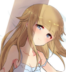 Rule 34 | 1girl, armpits, bad id, bad pixiv id, bare shoulders, bed sheet, blonde hair, blue camisole, blue eyes, blush, breasts, camisole, cleavage, closed mouth, collarbone, hair flaps, long hair, looking at viewer, lying, on side, princess (princess principal), princess principal, small breasts, smile, solo, sorimachi-doufu, strap slip, sweat, very long hair