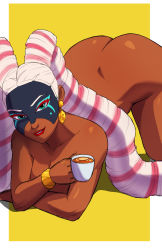 Rule 34 | 1girl, arms (game), ass, bent over, bracelet, breasts, covering privates, covering breasts, cup, dark-skinned female, dark skin, earrings, female focus, high heels, highres, hip focus, holding, holding cup, jewelry, lipstick, long hair, makeup, mask, multicolored hair, naavs, nude, open mouth, pig tail, simple background, solo, tail, tea, teacup, thick thighs, thighs, twintails, twintelle (arms), wide hips