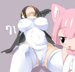 Rule 34 | 2girls, :3, animal ears, black hair, black jacket, blush, breasts, cameltoe, cat ears, cat girl, commentary request, covered erect nipples, covered navel, emperor penguin (kemono friends), feet out of frame, grey background, head back, headphones, highres, jacket, kemono friends, large breasts, lets0020, medium bangs, multicolored hair, multiple girls, numbered, one-piece swimsuit, open clothes, open jacket, open mouth, orange hair, peach panther (kemono friends), pink hair, short hair, sitting, smile, streaked hair, swimsuit, thighhighs, tongue, tongue out, white one-piece swimsuit, white thighhighs, yellow eyes