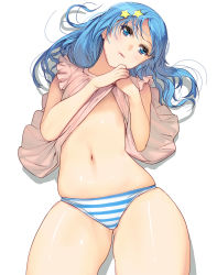 Rule 34 | 1girl, blue eyes, blue hair, clothes lift, flat chest, hair ornament, head tilt, highres, kouno (masao), lifted by self, long hair, lying, navel, no pants, on back, original, panties, shiny skin, shirt lift, skindentation, solo, star (symbol), star hair ornament, striped clothes, striped panties, thick thighs, thighs, underwear, white background