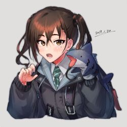 Rule 34 | 1girl, :o, backpack, bag, black jacket, blush, brown eyes, brown hair, dated, hair between eyes, hand puppet, hands up, idolmaster, idolmaster cinderella girls, jacket, long hair, long sleeves, looking at viewer, mole, mole under eye, necktie, nishise suname, open mouth, puppet, shark puppet, sharp teeth, simple background, solo, sunazuka akira, teeth, twintails, upper body, white background