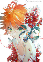 Rule 34 | 1girl, bare shoulders, blood, blood on clothes, blouse, bug, butterfly, copyright name, cuts, ekita kuro, emma (yakusoku no neverland), flat chest, flower, green eyes, hair between eyes, highres, injury, insect, looking at viewer, neck tattoo, number tattoo, orange hair, overgrown, plant, red flower, shirt, short hair, sleeveless, solo, spaghetti strap, tattoo, upper body, white background, white shirt, yakusoku no neverland