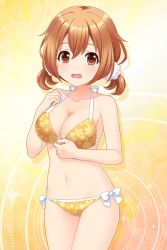 Rule 34 | 1girl, absurdres, alternative girls, bare arms, bikini, breasts, brown eyes, brown hair, cleavage, floral print, hand on own chest, highres, looking at viewer, momoi hina, official art, open mouth, solo, swimsuit, yellow background, yellow bikini