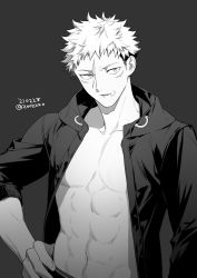 Rule 34 | 1boy, abs, collarbone, commentary request, facial mark, greyscale, hand on own hip, highres, hood, hoodie, itadori yuuji, jujutsu kaisen, looking to the side, male focus, monochrome, muscular, muscular male, navel, no shirt, open clothes, pectorals, scar, scar on face, scar on mouth, short hair, solo, undercut, wuzhiang liufu