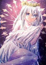 Rule 34 | 1girl, belt, blue eyes, breasts, cleavage, closed mouth, expressionless, flower, hair between eyes, hair ornament, head wreath, highres, holding, long hair, looking at viewer, medium breasts, natukisigure, project sekai, pulling, sidelocks, simple background, sitting, solo, sparkle, sparkle background, thick eyebrows, toga, very long hair, white hair, yellow belt, yellow flower, yoisaki kanade