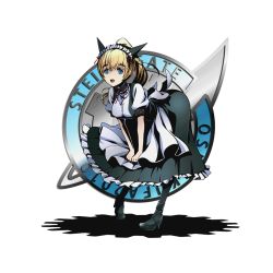 Rule 34 | 10s, 1girl, alpha transparency, animal ears, bent over, black dress, black pantyhose, blonde hair, blue eyes, cat ears, copyright name, divine gate, dress, fake animal ears, full body, high ponytail, long hair, maid, maid headdress, neck ribbon, official art, open mouth, pantyhose, red ribbon, ribbon, shiina mayuri, solo, steins;gate, transparent background, ucmm